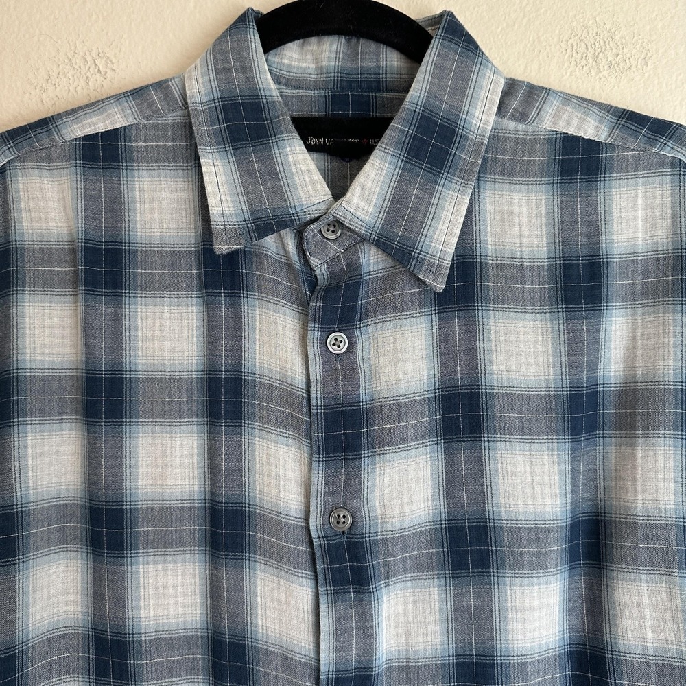 John Varvatos USA Button Down Shirt Mens Small Blue Plaid Long Sleeve Cotton